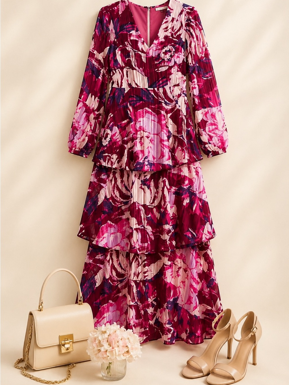 RACHEL RACHEL ROY Blouson-Sleeve Blurred Roses Print Maxi Dress Size 18 NWT